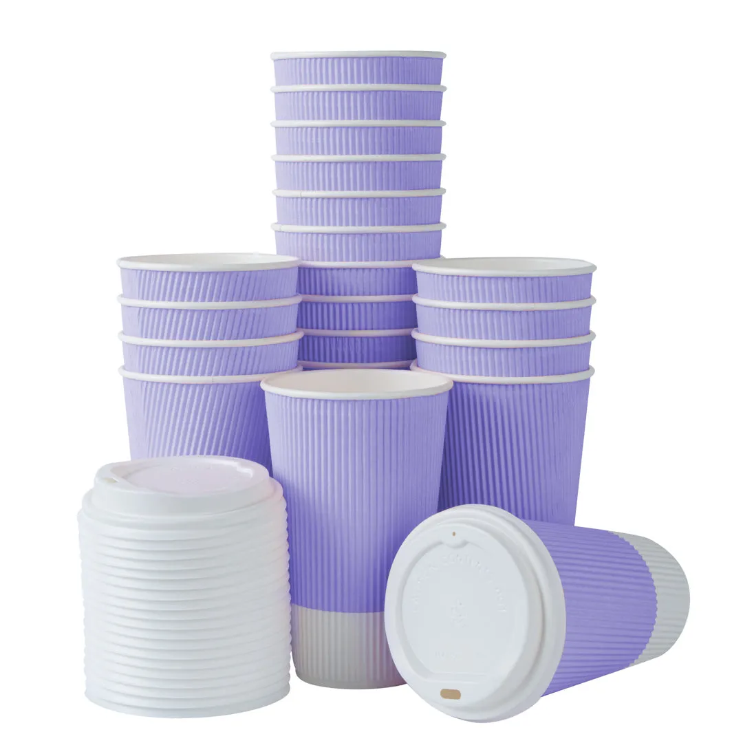 16 oz Light Purple Paper Ripple Wall Coffee Cup - with White Lid - 3 1/2" x 3 1/2" x 6 1/4" - 20 count box