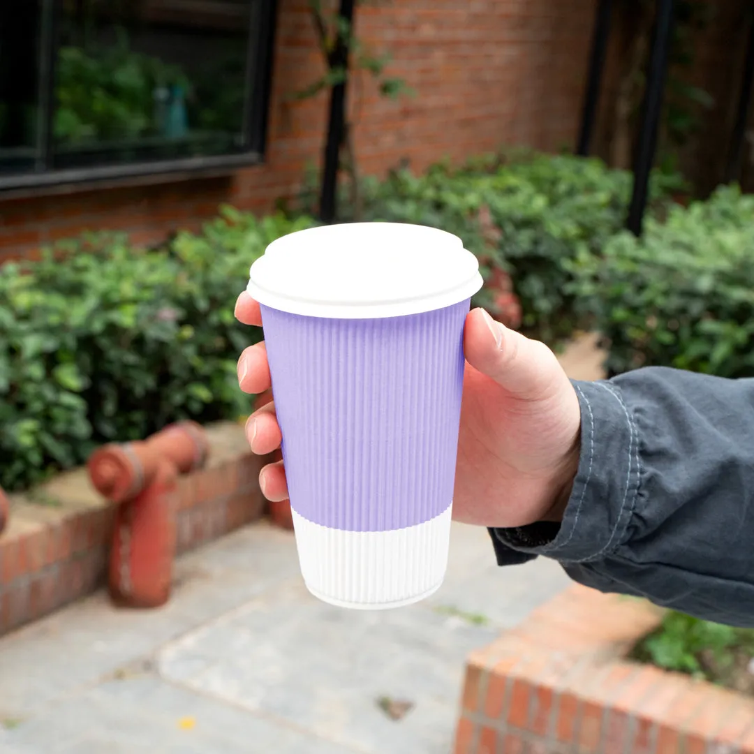 16 oz Light Purple Paper Ripple Wall Coffee Cup - with White Lid - 3 1/2" x 3 1/2" x 6 1/4" - 20 count box