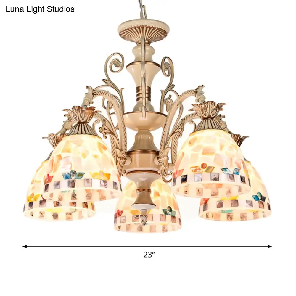 3/5 Lights Chandelier Pendant Light - White and Gold Tiffany Style Stained Glass Mosaic Hanging Lamp Kit