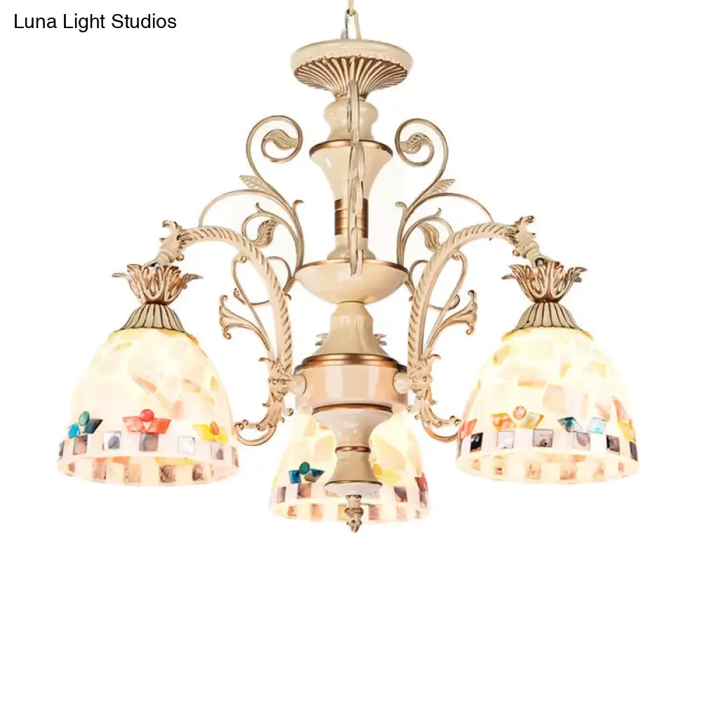 3/5 Lights Chandelier Pendant Light - White and Gold Tiffany Style Stained Glass Mosaic Hanging Lamp Kit