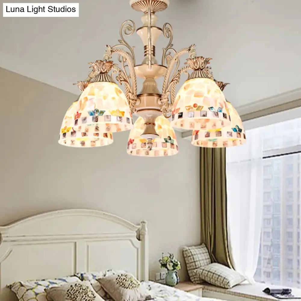 3/5 Lights Chandelier Pendant Light - White and Gold Tiffany Style Stained Glass Mosaic Hanging Lamp Kit