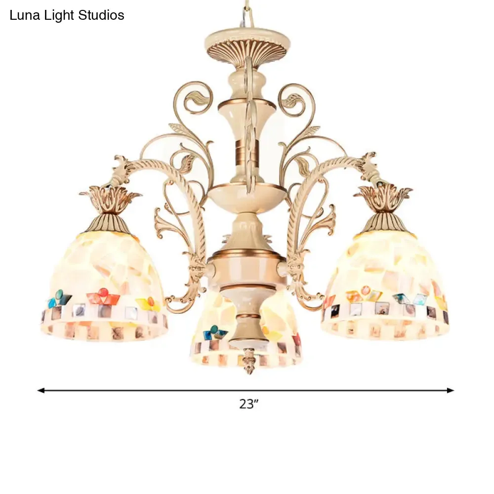 3/5 Lights Chandelier Pendant Light - White and Gold Tiffany Style Stained Glass Mosaic Hanging Lamp Kit