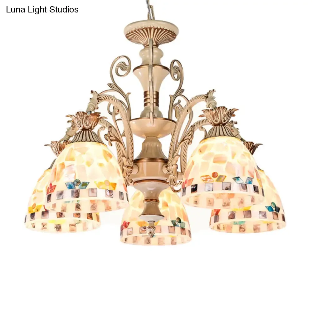 3/5 Lights Chandelier Pendant Light - White and Gold Tiffany Style Stained Glass Mosaic Hanging Lamp Kit