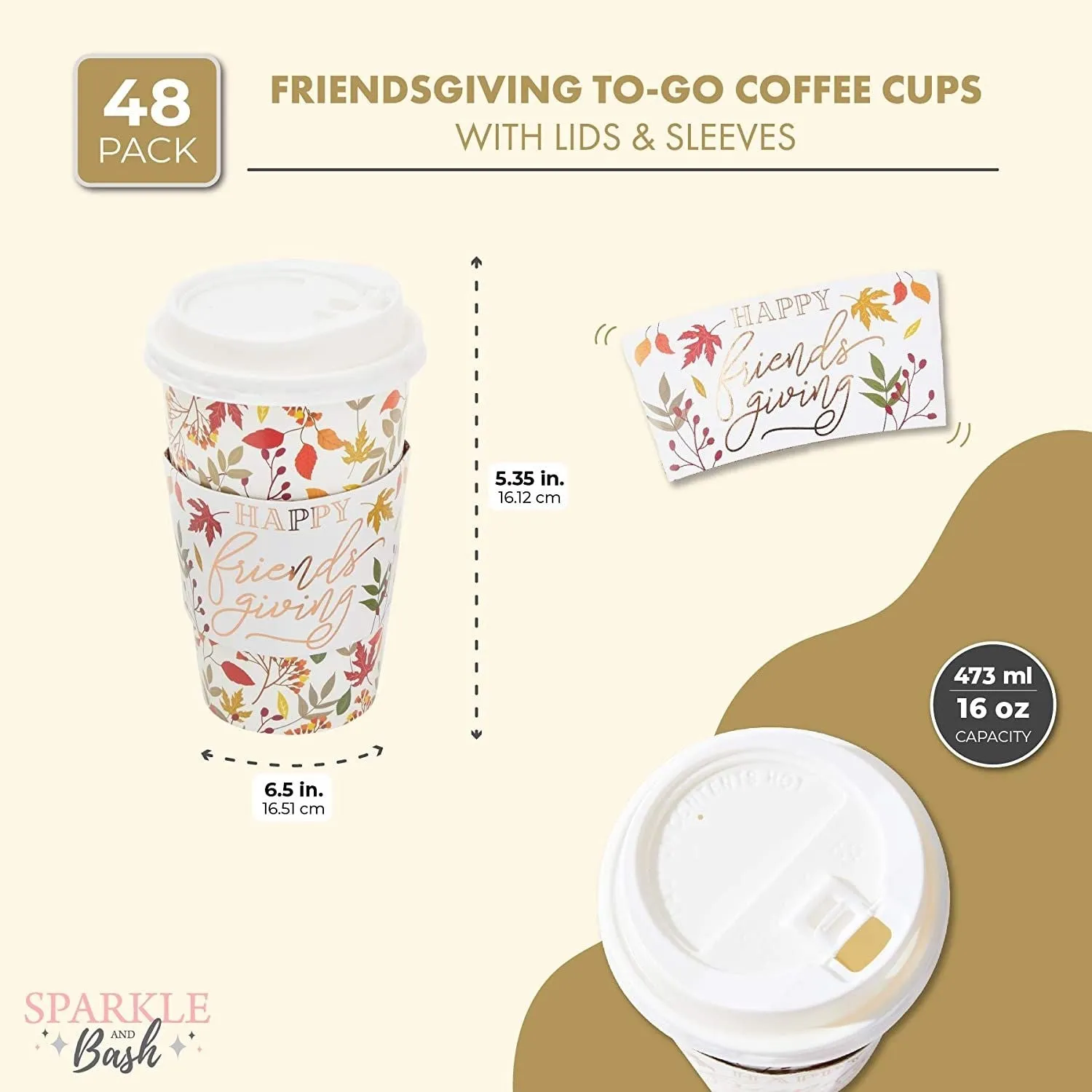 48 Pack Thanksgiving Disposable Paper Coffee Cups with Lids and Sleeve 15 oz, Party Decorations Supplies, Friendsgiving