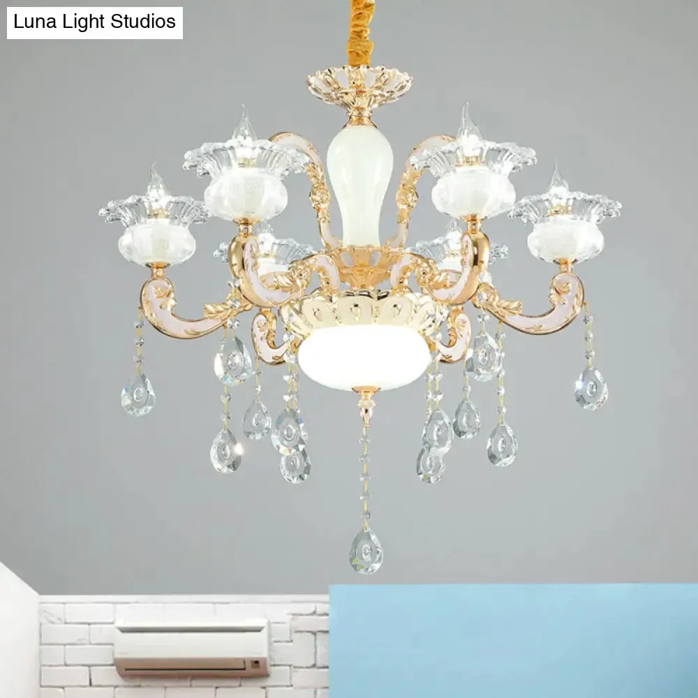 6-Light Gold Blossom Chandelier with Clear and Opal Glass - Contemporary Pendant for Bedroom