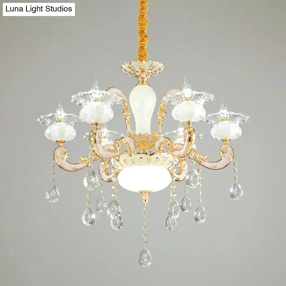 6-Light Gold Blossom Chandelier with Clear and Opal Glass - Contemporary Pendant for Bedroom