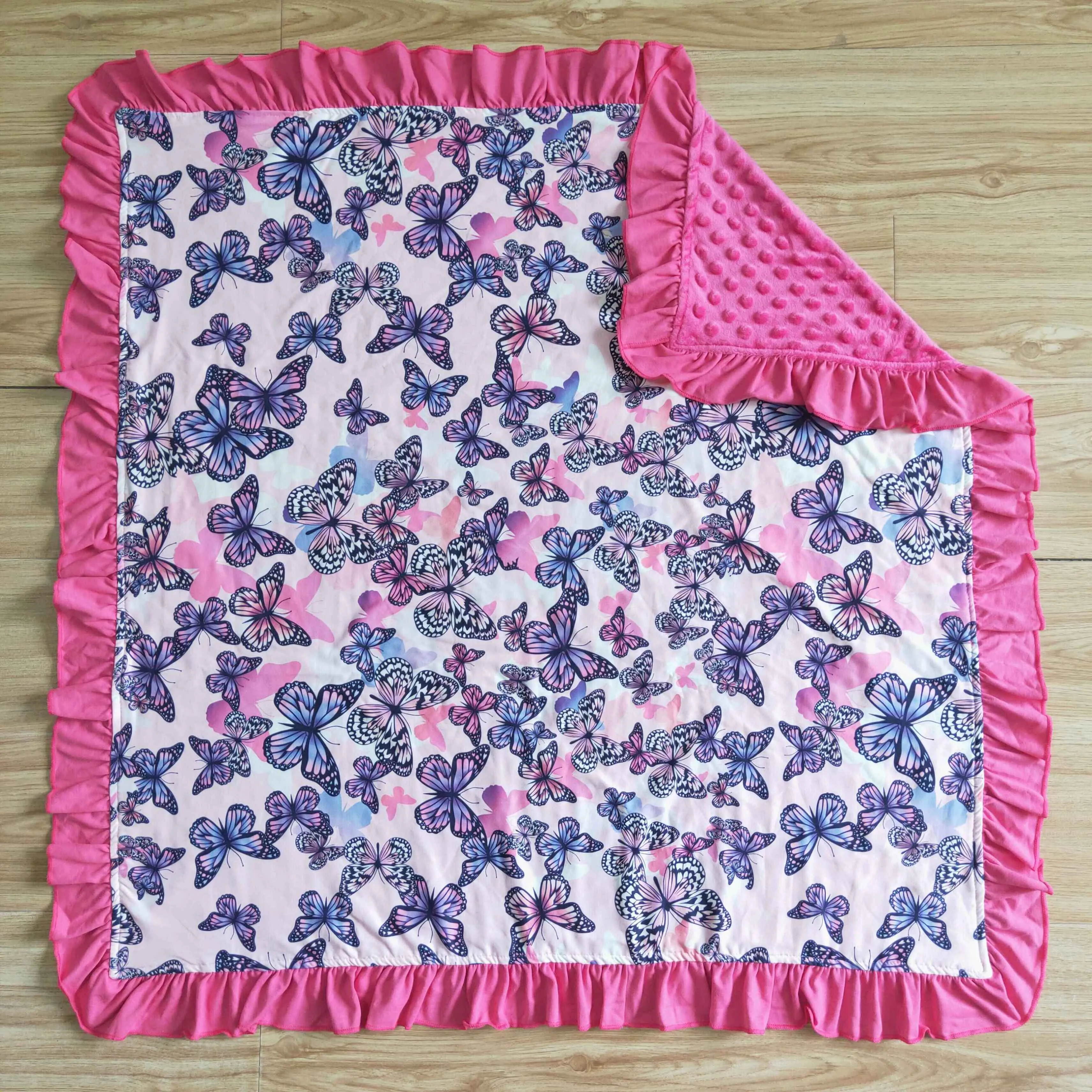 74*83cm infants baby butterfly pattern blankets with pink ruffled edge