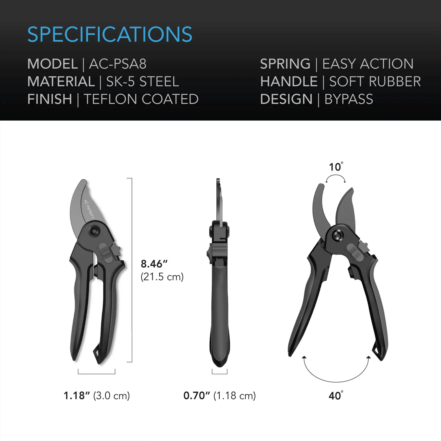 AC Infinity Stainless Steel Pruning Shear, 8" Bypass Blades