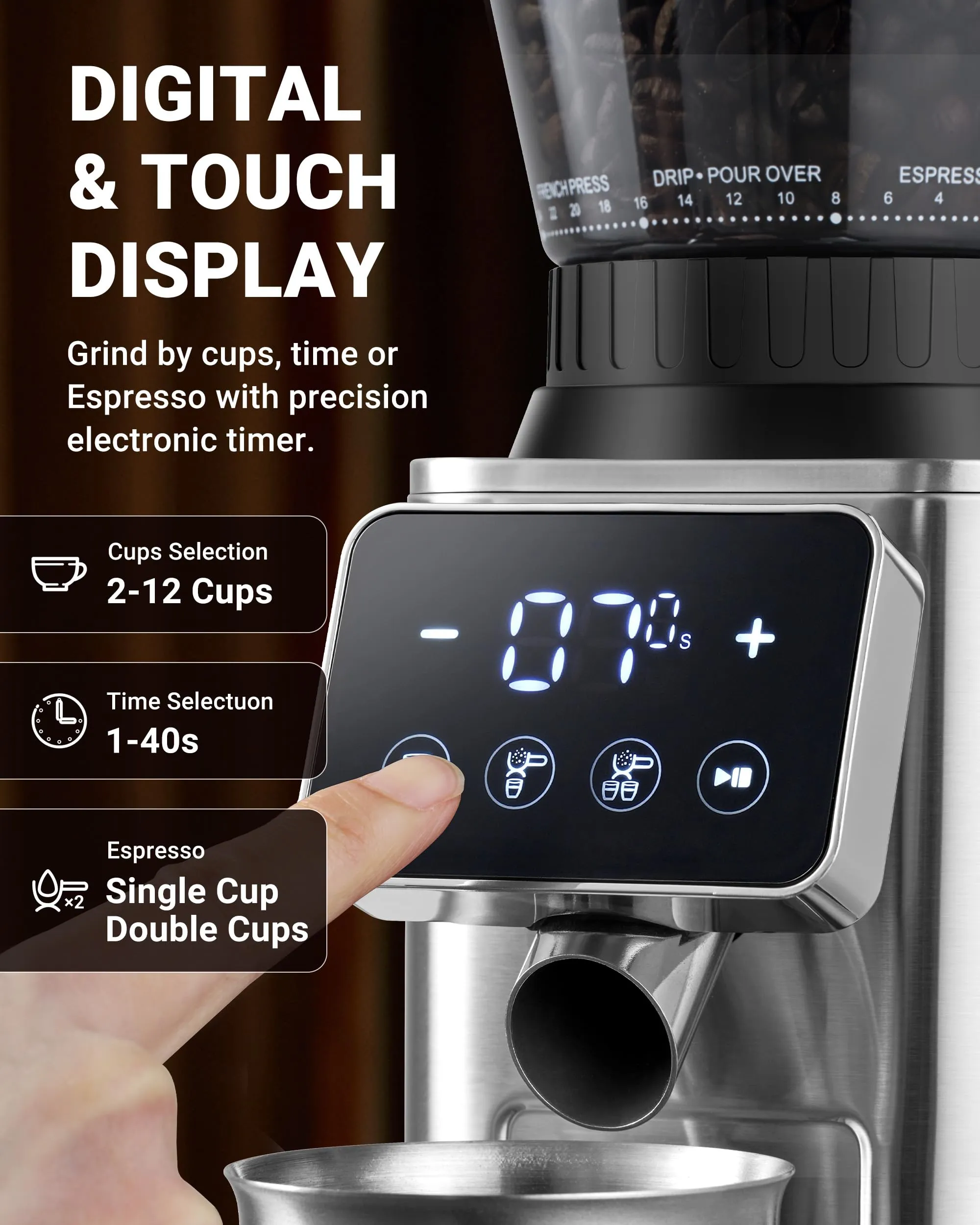 AMZCHEF Coffee Grinder, Coffee Bean Grinder for Home Use with Precise Grinding, LED Control Panel, Detachable Funnel Stand, Anti-static Design, 24 Grind Settings, Silver