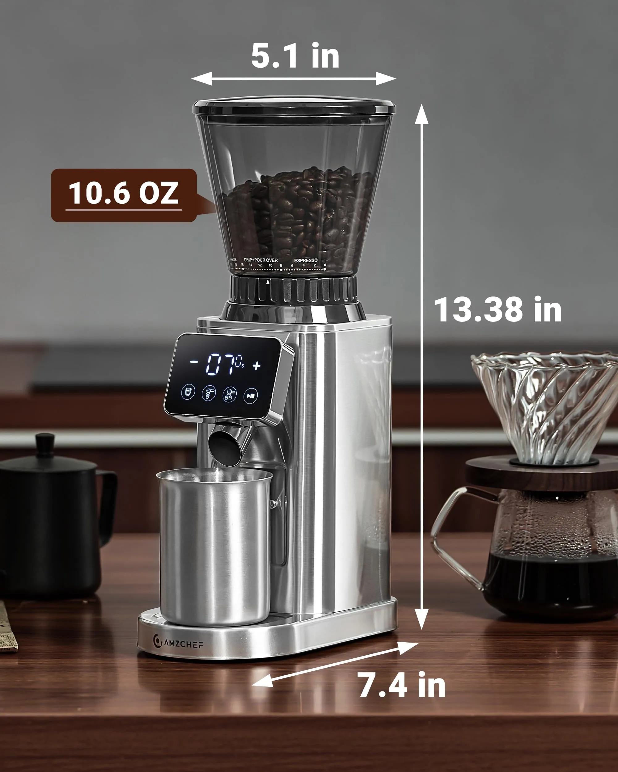 AMZCHEF Coffee Grinder, Coffee Bean Grinder for Home Use with Precise Grinding, LED Control Panel, Detachable Funnel Stand, Anti-static Design, 24 Grind Settings, Silver