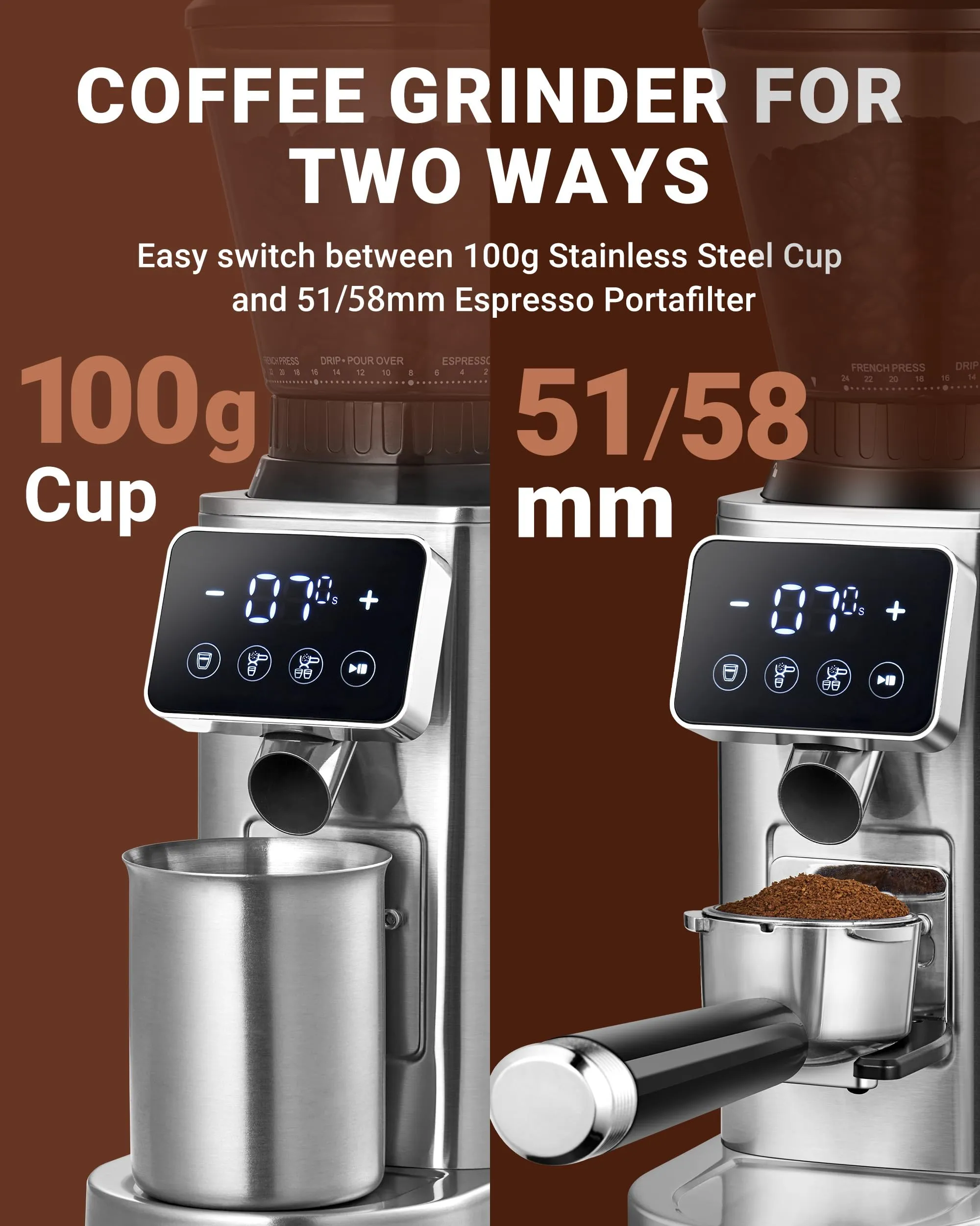 AMZCHEF Coffee Grinder, Coffee Bean Grinder for Home Use with Precise Grinding, LED Control Panel, Detachable Funnel Stand, Anti-static Design, 24 Grind Settings, Silver