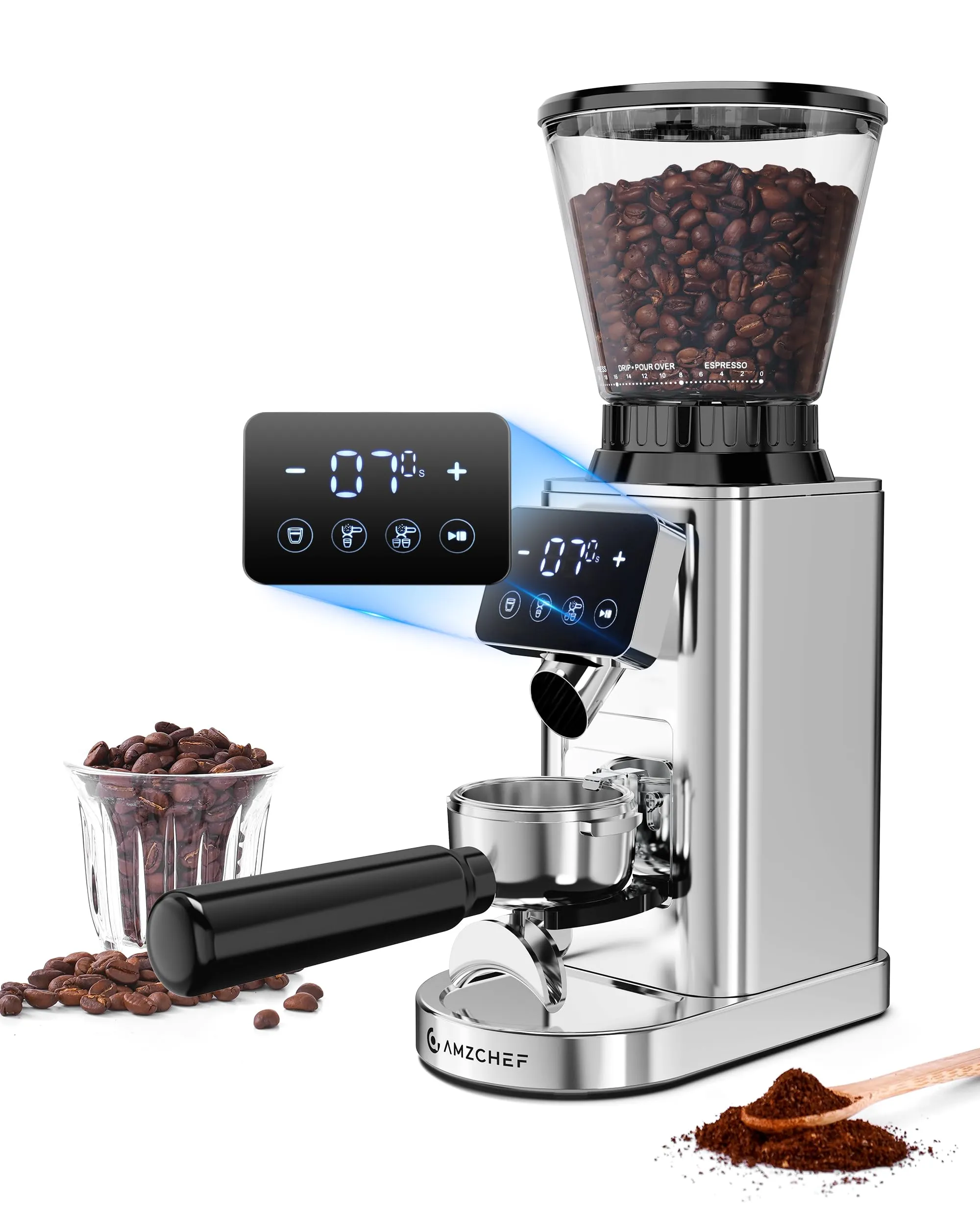 AMZCHEF Coffee Grinder, Coffee Bean Grinder for Home Use with Precise Grinding, LED Control Panel, Detachable Funnel Stand, Anti-static Design, 24 Grind Settings, Silver