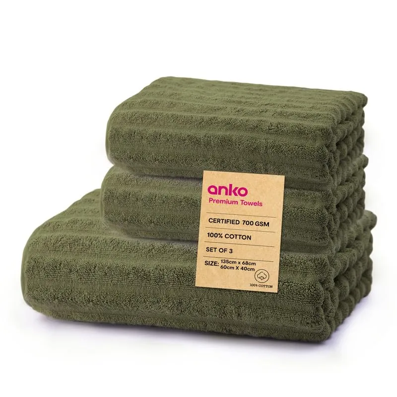 Anko Australia 100% Cotton 700 GSM Ribbed Towel Set | 1 Bath Towel, 2 Hand Towels | Super-Soft, Absorbent, Quick-Drying | Olive Green Cotton Towels for Bath, Travel & Gym | 135x68cm & 60x40cm