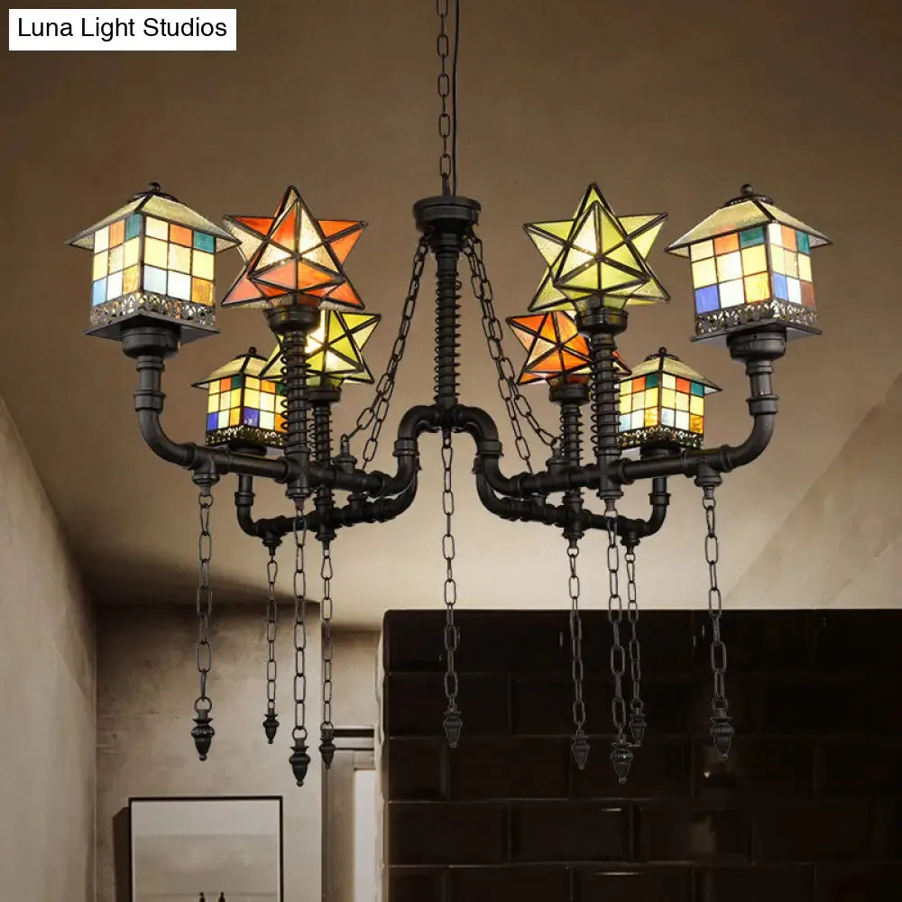 Antique Rustic House and Star Stained Glass Chandelier Ceiling Light for Living Room