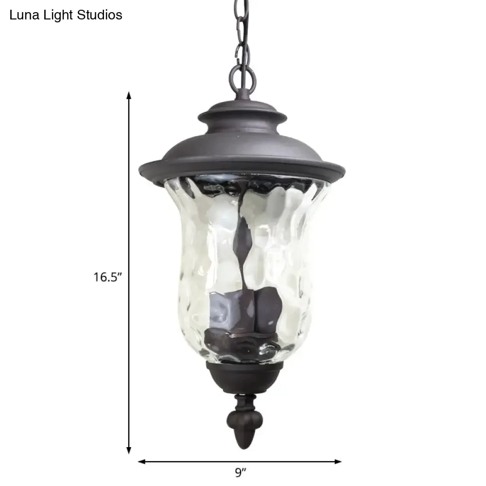 Antique Style Outdoor Pendant Light - 3-Light Dimpled Glass Shade, Metal Hanging Lamp in Dark Gray