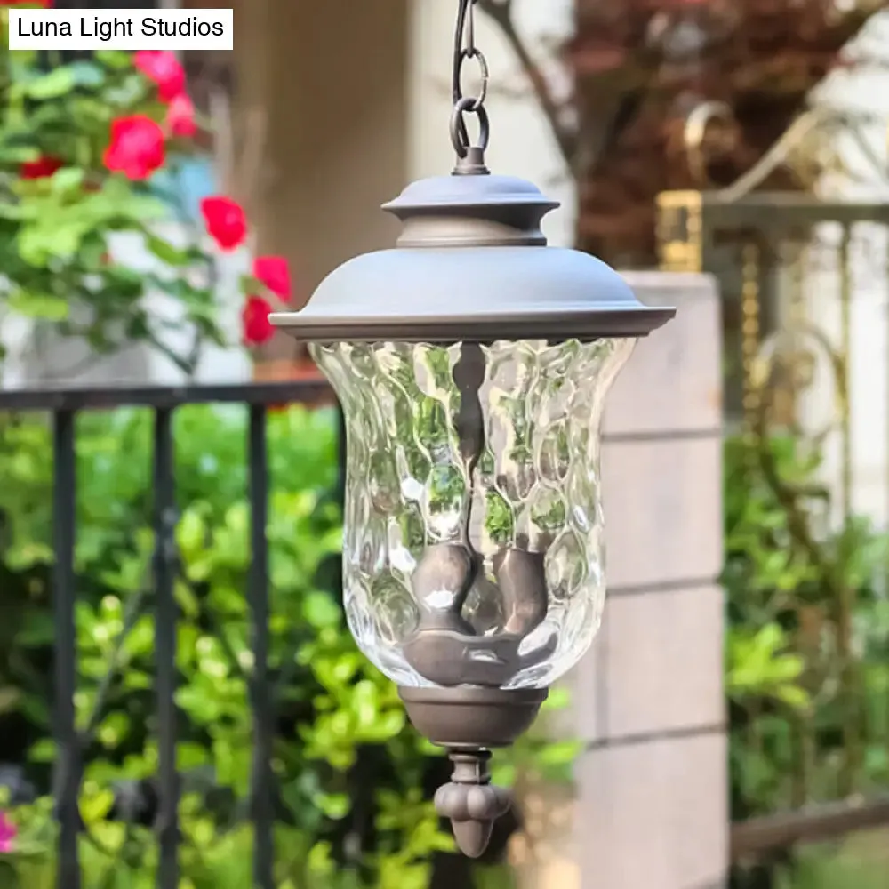 Antique Style Outdoor Pendant Light - 3-Light Dimpled Glass Shade, Metal Hanging Lamp in Dark Gray