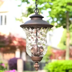 Antique Style Outdoor Pendant Light - 3-Light Dimpled Glass Shade, Metal Hanging Lamp in Dark Gray