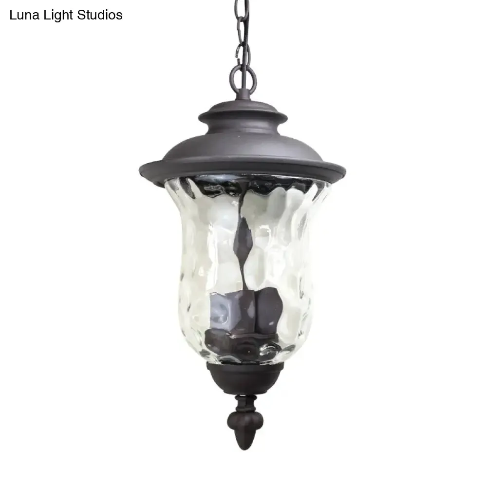 Antique Style Outdoor Pendant Light - 3-Light Dimpled Glass Shade, Metal Hanging Lamp in Dark Gray