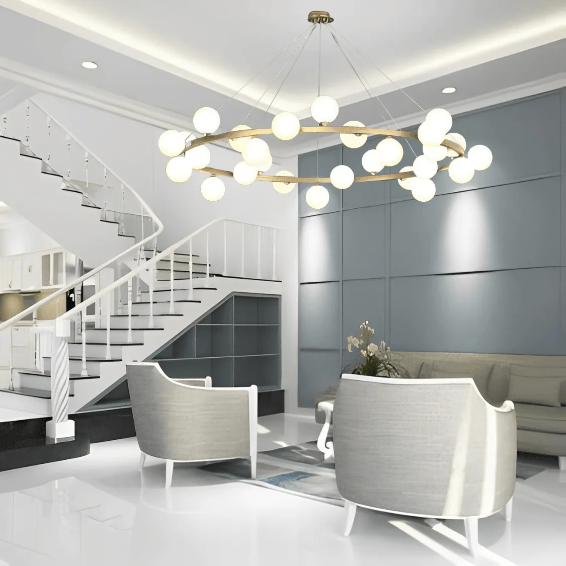 Astral Orbit Brass and White Glass Chandelier (0987/28)