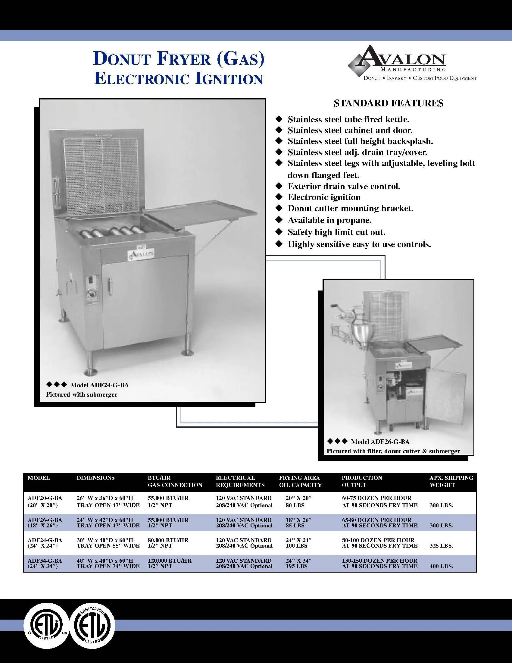 Avalon (ADF26G-BA) 18" x 26" Donut Fryer, Natural Gas, Electronic Ignition, Right Side Drain Board