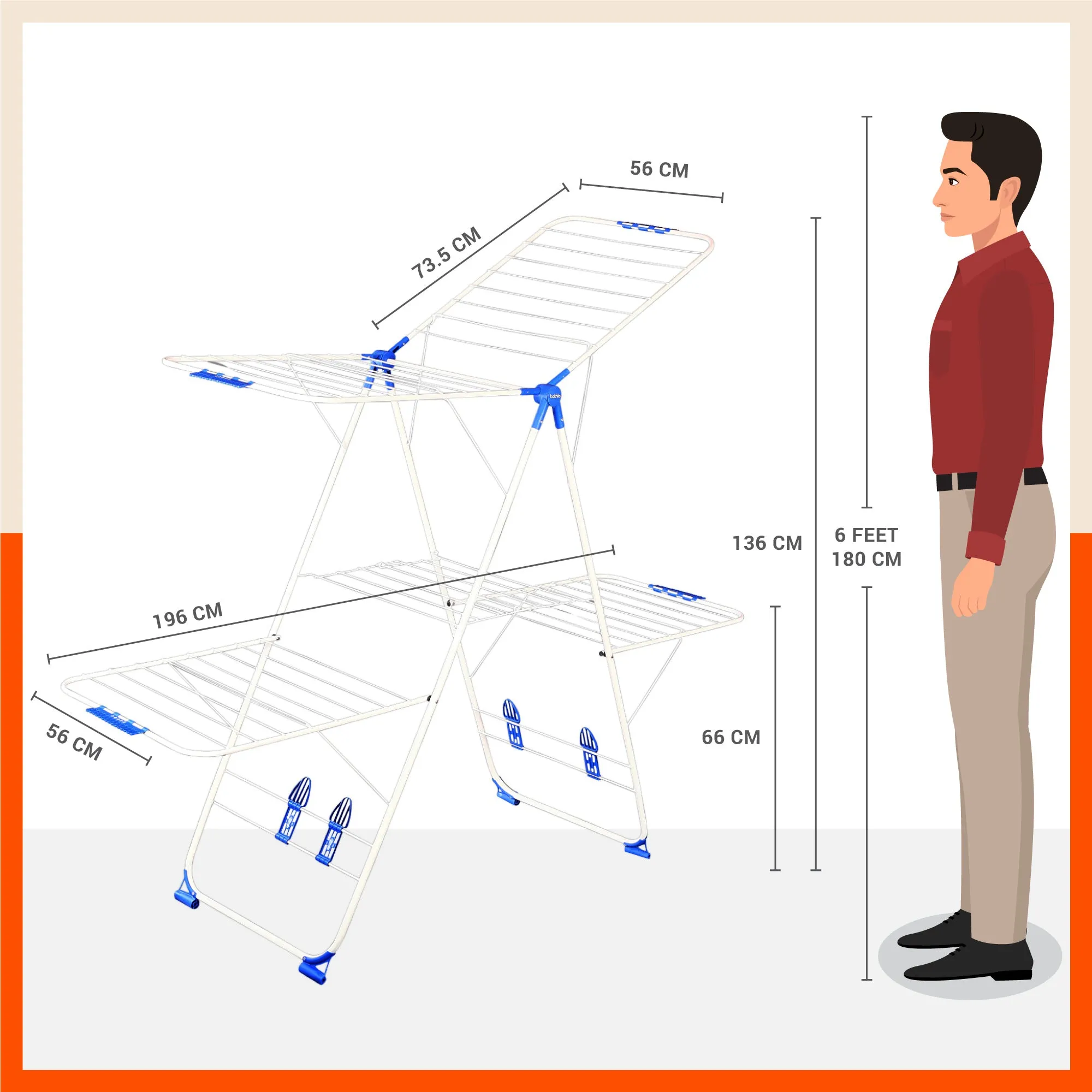 Bathla Mobidry Neo  2-Level Foldable Cloth Drying Stand for Home (White & Blue - XL)