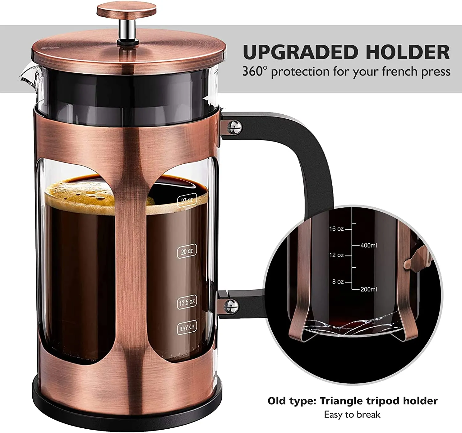 BAYKA US French Press Coffee Maker, 34 Ounce,Glass & Stainless Steel ,Copper