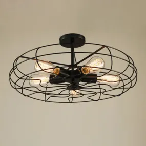 Black Industrial 5-Head Suspension Lamp for Bedroom - Iron Wire Round Chandelier Light