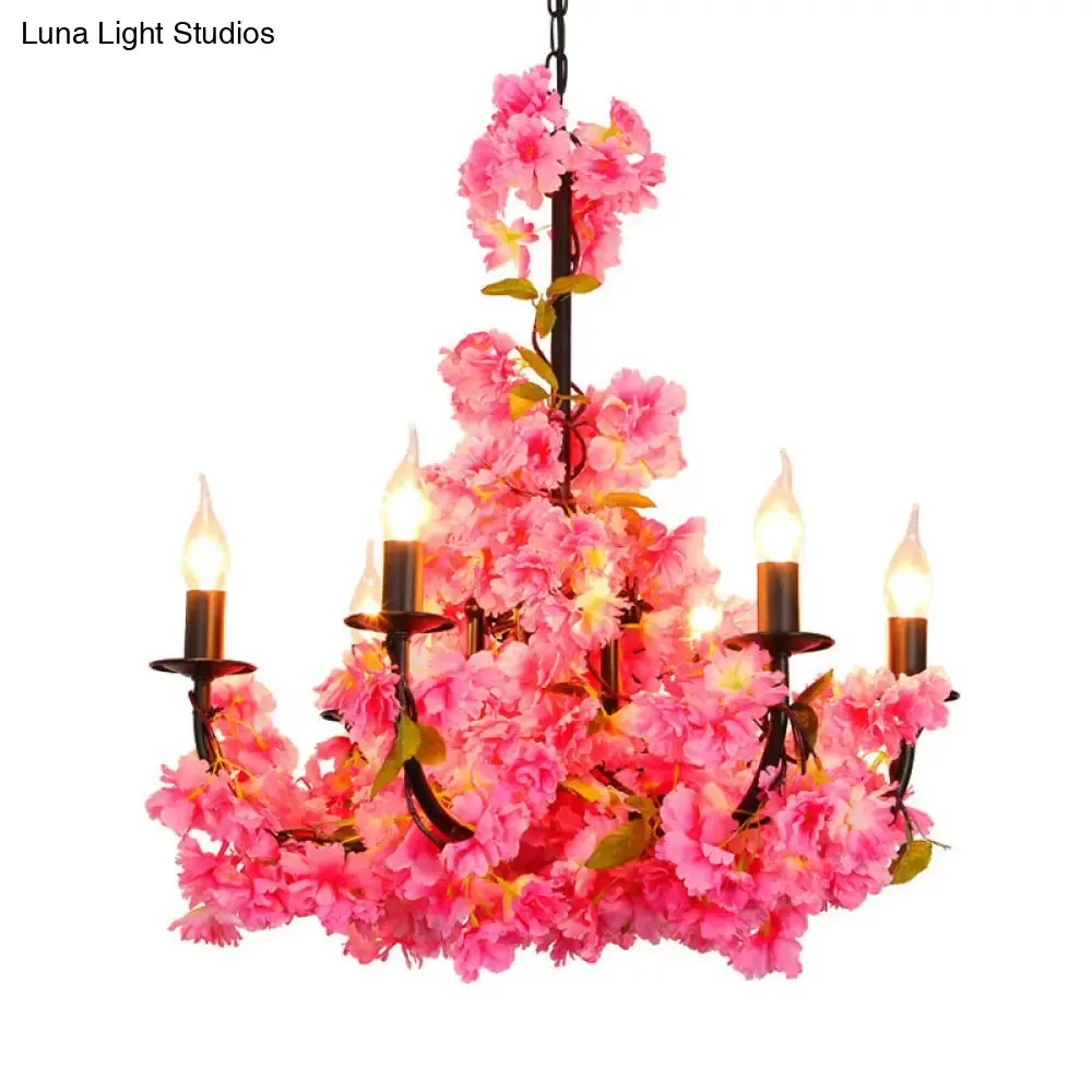 Black Iron Farmhouse Chandelier with Flower Detail - 6 Pendant Light Heads