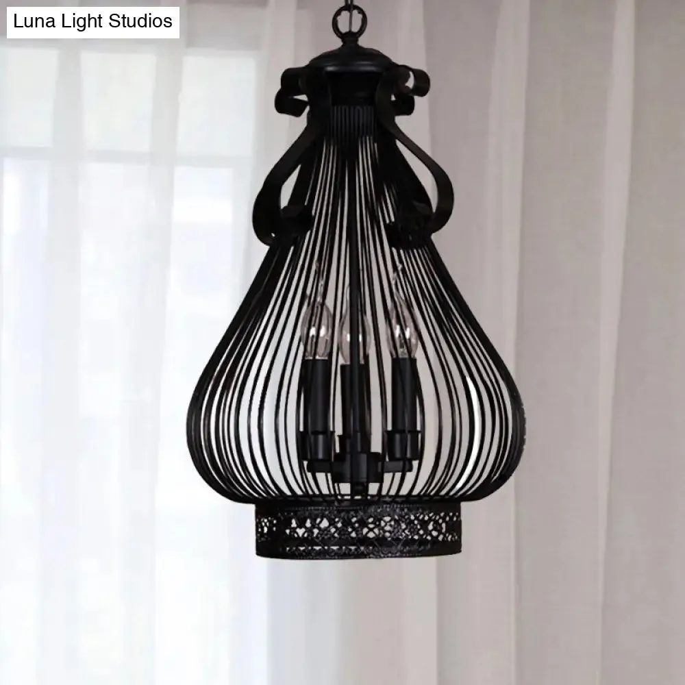 Black Metal Gourd-Like Pendant Chandelier - 3-Light Loft Style Candle Hanging Lamp Kit