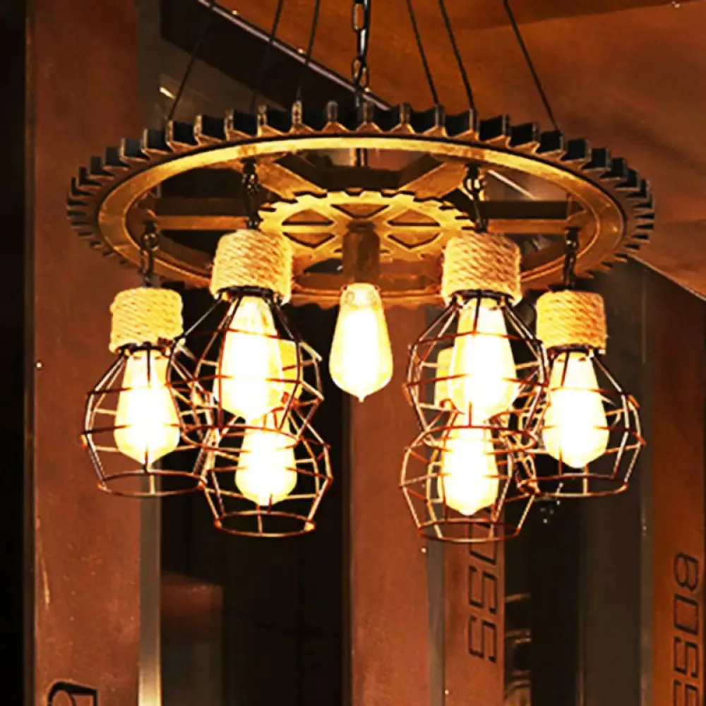 Black Metal Industrial Wagon Wheel Chandelier - 5/7-Light Living Room Hanging Lamp