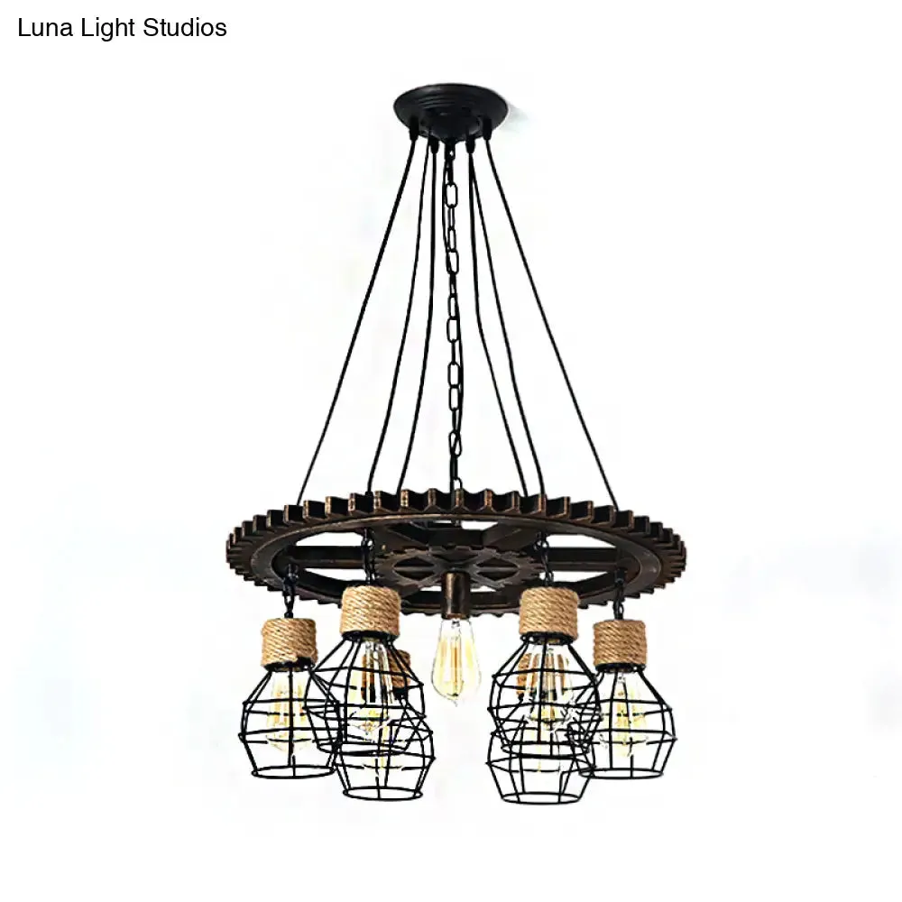 Black Metal Industrial Wagon Wheel Chandelier - 5/7-Light Living Room Hanging Lamp