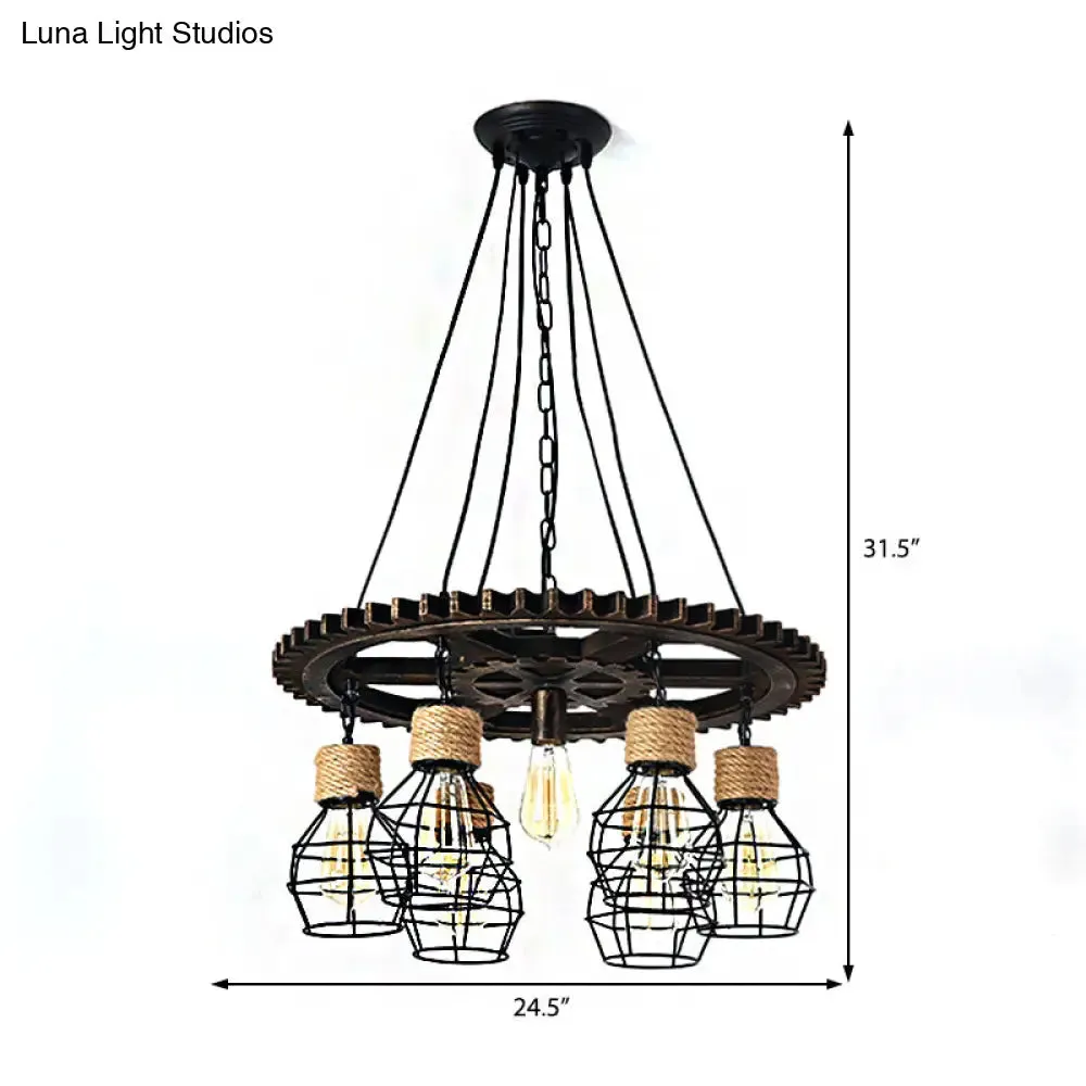 Black Metal Industrial Wagon Wheel Chandelier - 5/7-Light Living Room Hanging Lamp