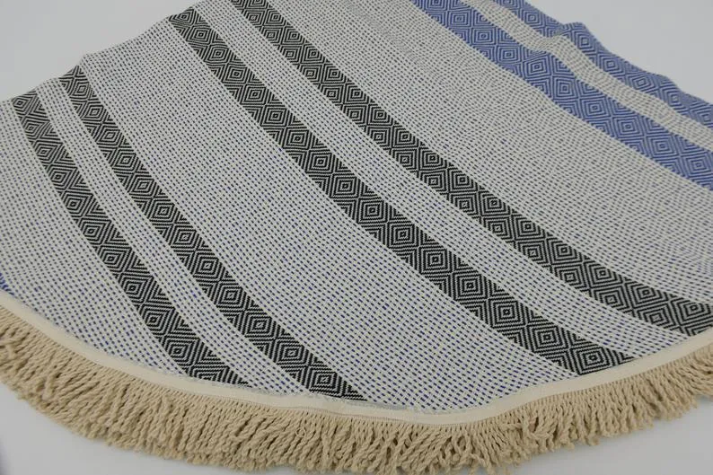 Blue and Black 100% Cotton Round Beach Towel