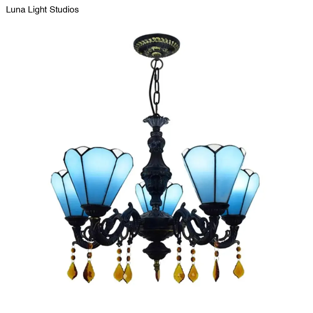 Blue Stained Glass Chandelier with Tiffany-style Cone-Shaped Design and 5 Decorative Crystal Lights