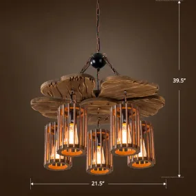 Cage Style Industrial Chandelier: Wooden Brown and Black Suspension Light for Living Room