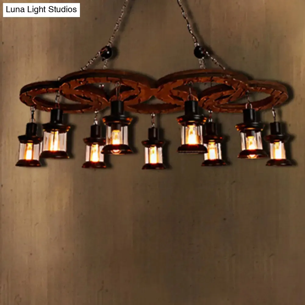 Coastal Lantern Chandelier: Clear Glass Lighting Pendant with Black Finish and Wooden Shelf