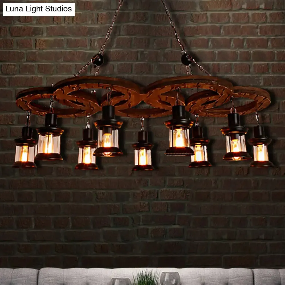 Coastal Lantern Chandelier: Clear Glass Lighting Pendant with Black Finish and Wooden Shelf