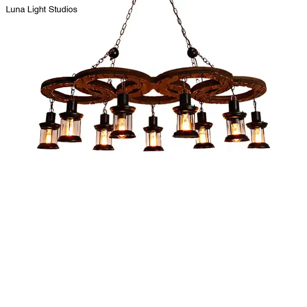 Coastal Lantern Chandelier: Clear Glass Lighting Pendant with Black Finish and Wooden Shelf