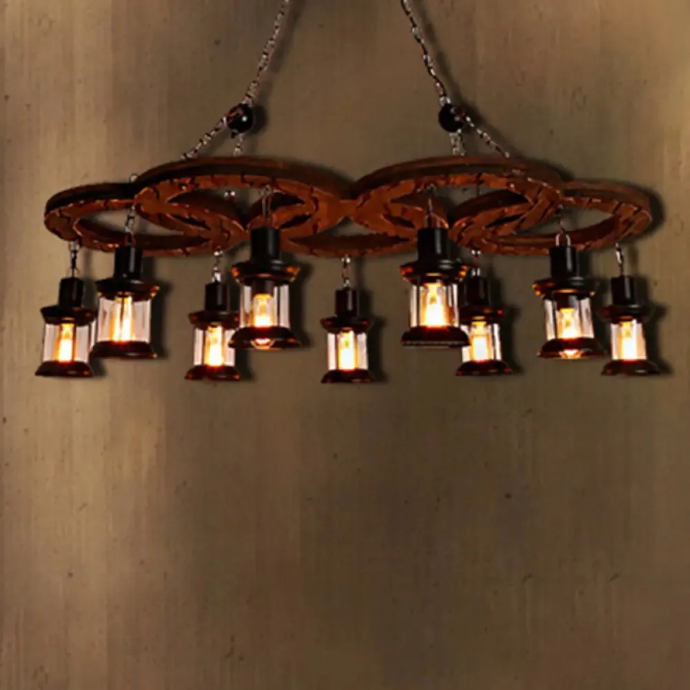 Coastal Lantern Chandelier: Clear Glass Lighting Pendant with Black Finish and Wooden Shelf