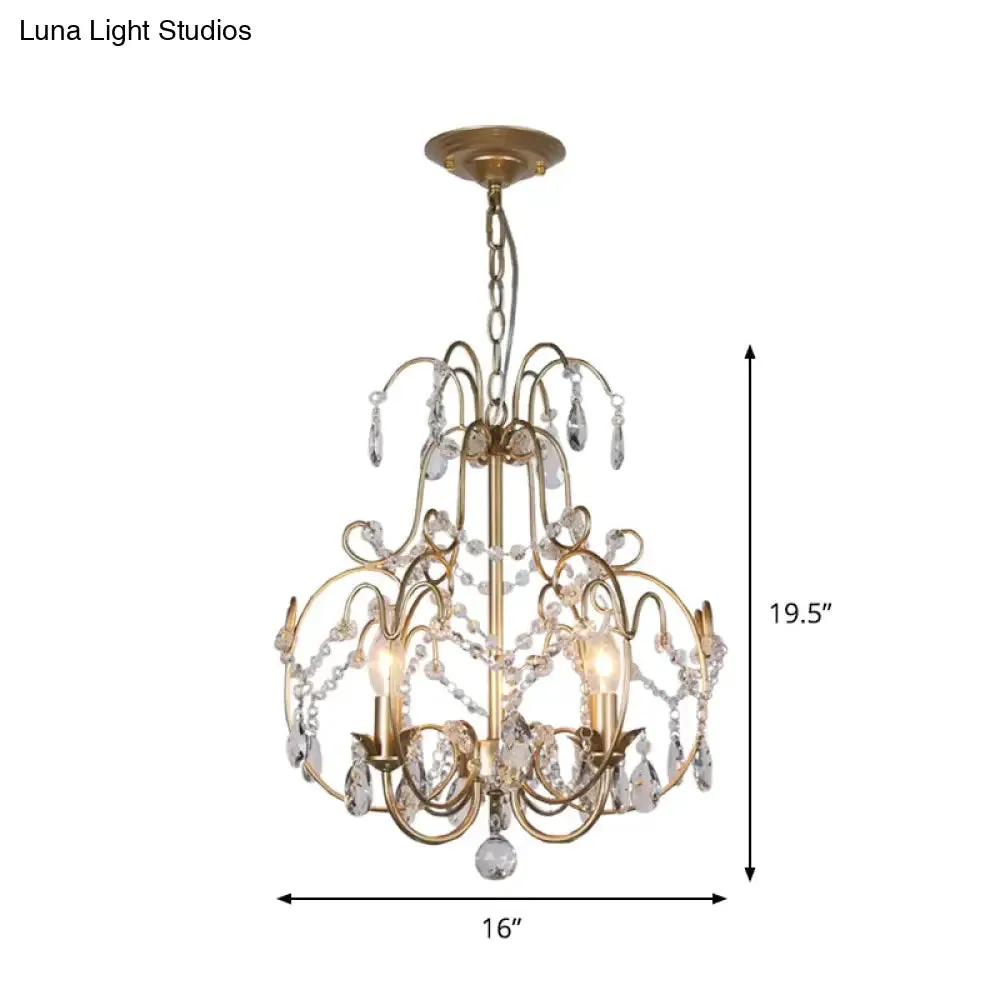 Contemporary Gold Chandelier featuring Clear Crystal Beads - 3 Bulb Lantern Suspended Lighting Fixture