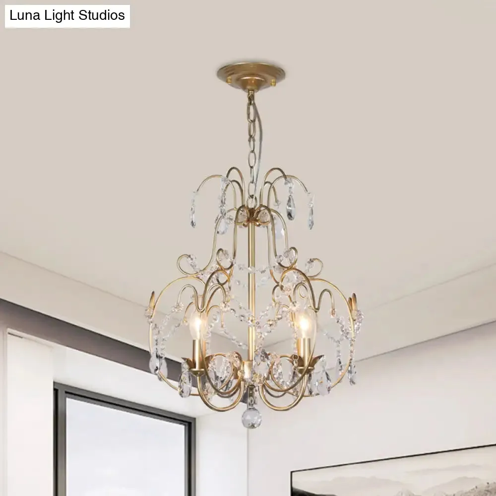 Contemporary Gold Chandelier featuring Clear Crystal Beads - 3 Bulb Lantern Suspended Lighting Fixture