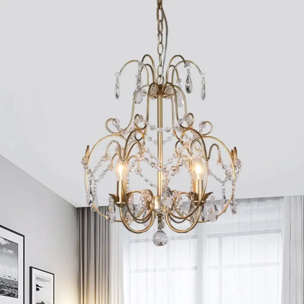 Contemporary Gold Chandelier featuring Clear Crystal Beads - 3 Bulb Lantern Suspended Lighting Fixture