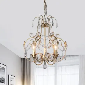 Contemporary Gold Chandelier featuring Clear Crystal Beads - 3 Bulb Lantern Suspended Lighting Fixture