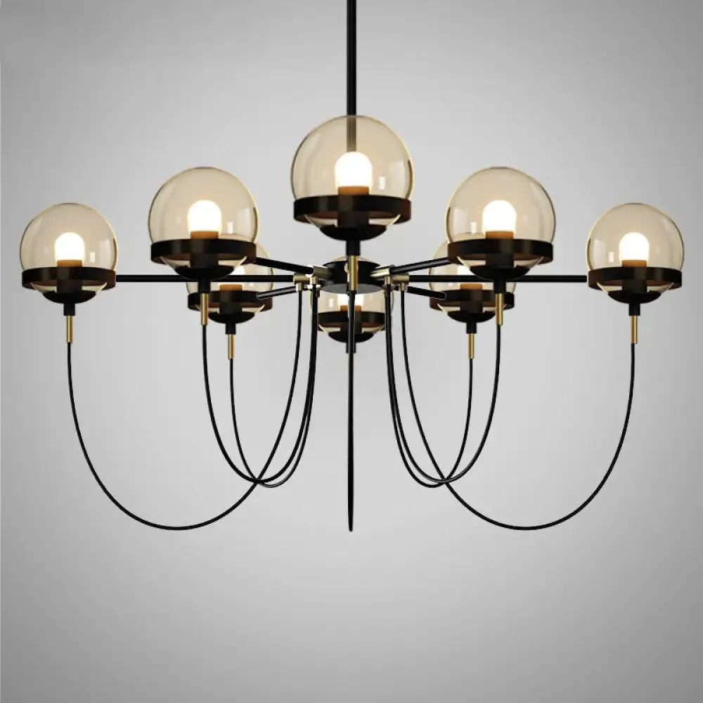 Country-Style Cognac Glass Pendant Light with Swoop Arm - Ball Chandelier