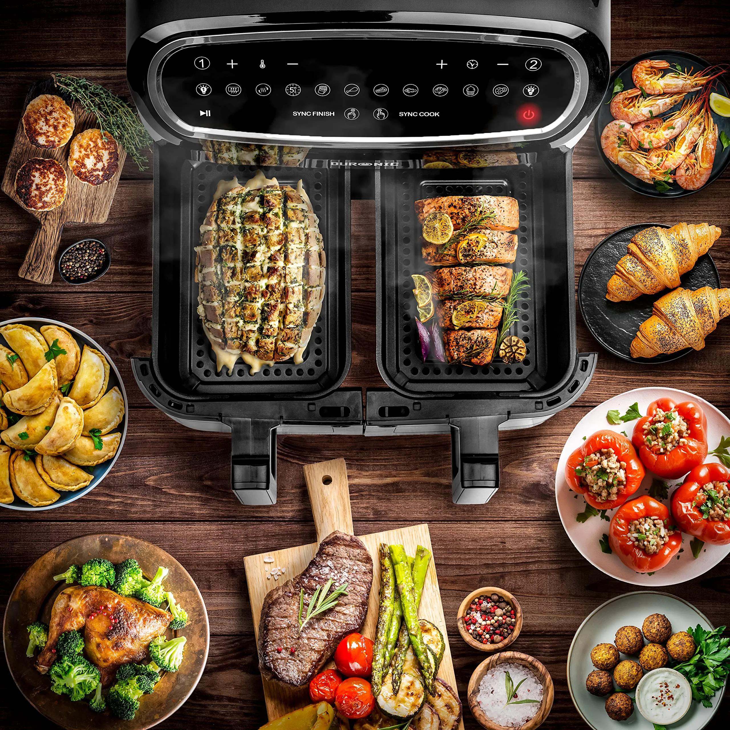 Duronic Dual Air Fryer with Visual Window AF24 Black and Silver, 2 X 5L Double Drawers Large Dual Air Fryer Oven Cooker, 10 Pre-Set Cooking Programs with Digital Touch Control