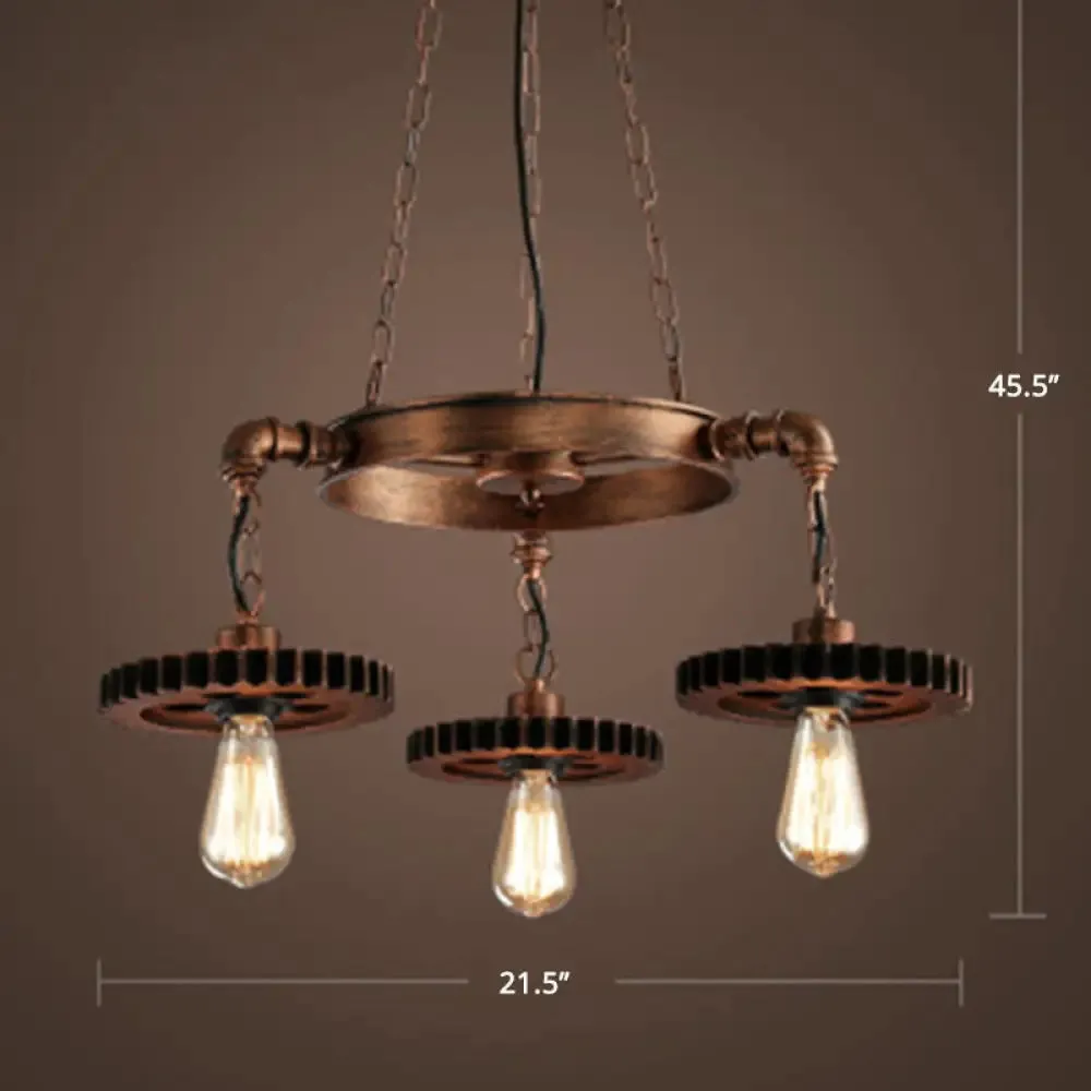 Factory Style Iron Suspension Chandelier with Bronze Finish & Gear Wheel Deco – Bare Bulb Lighting