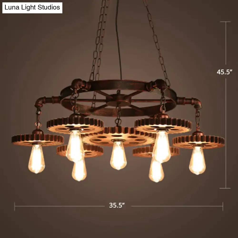 Factory Style Iron Suspension Chandelier with Bronze Finish & Gear Wheel Deco – Bare Bulb Lighting