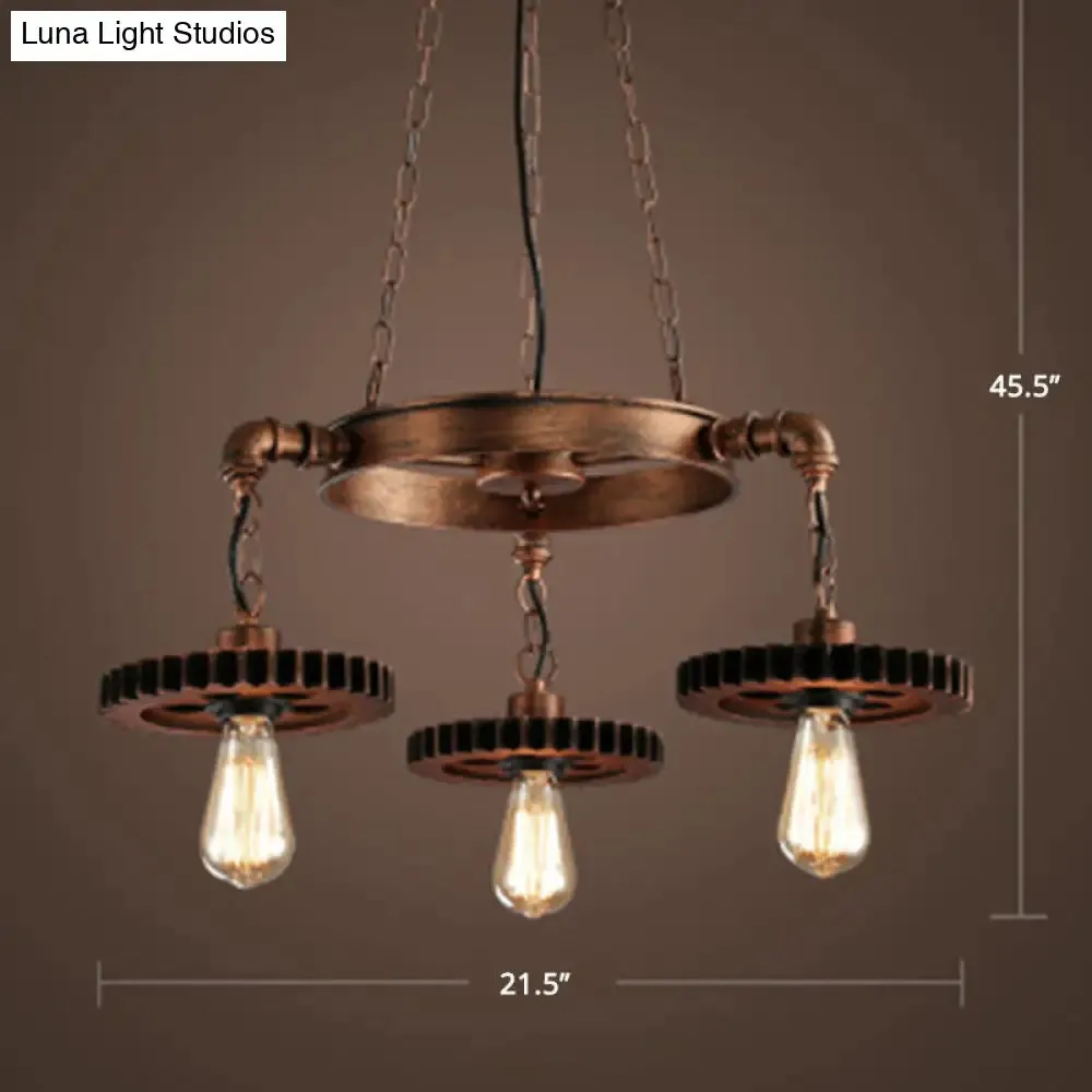 Factory Style Iron Suspension Chandelier with Bronze Finish & Gear Wheel Deco – Bare Bulb Lighting