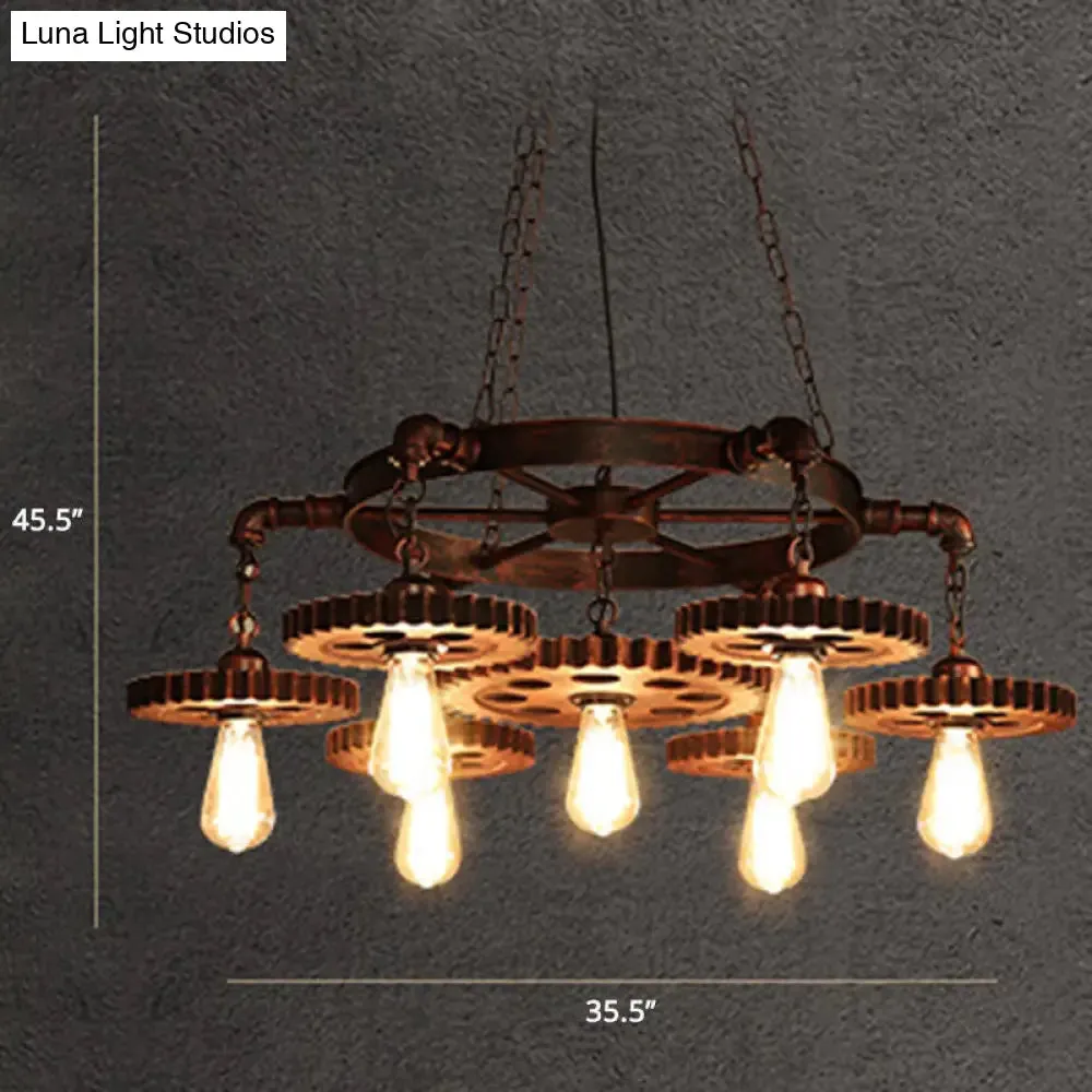 Factory Style Iron Suspension Chandelier with Bronze Finish & Gear Wheel Deco – Bare Bulb Lighting