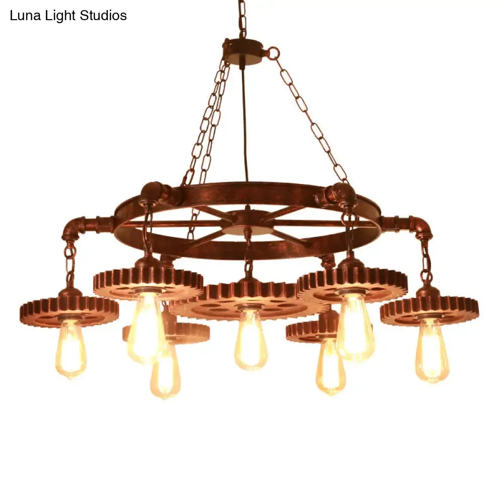 Factory Style Iron Suspension Chandelier with Bronze Finish & Gear Wheel Deco – Bare Bulb Lighting